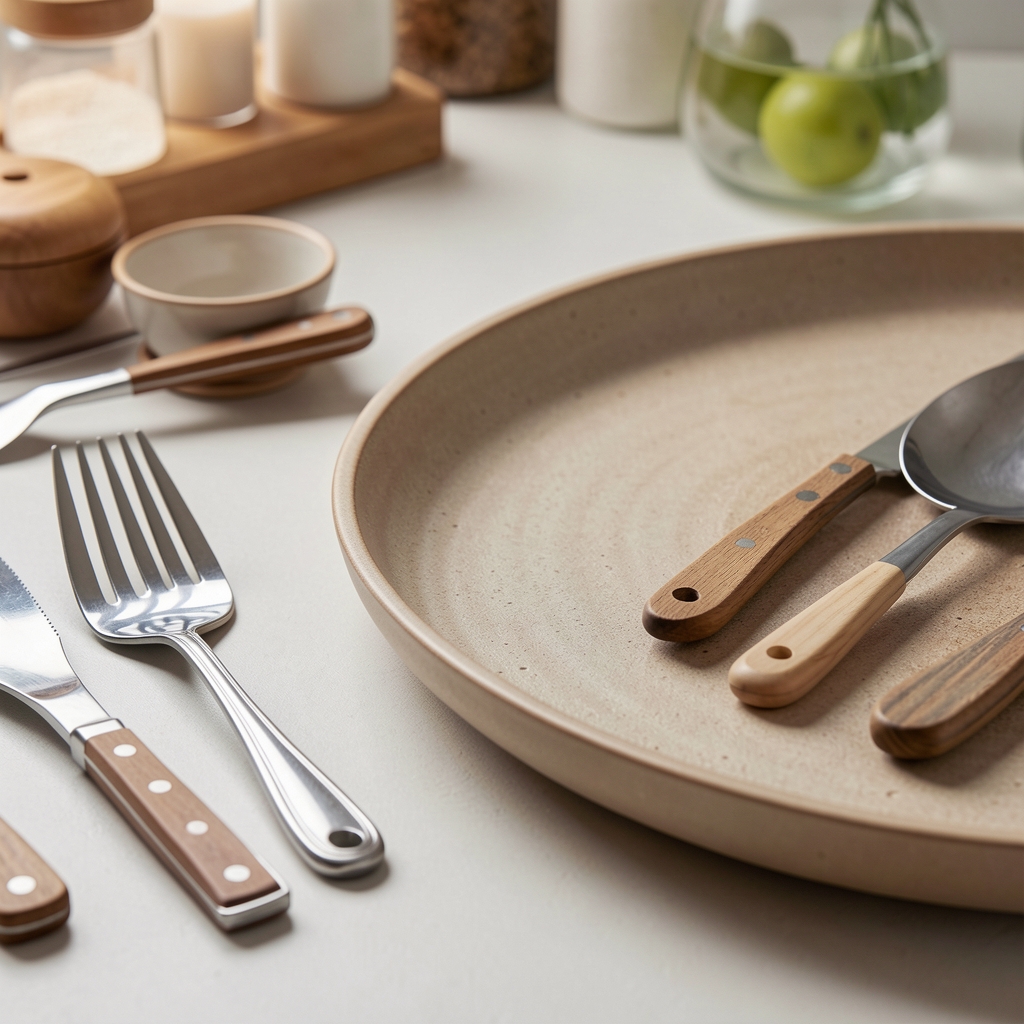 Detalle de textura y borde de una bandeja de cocina junto a utensilios ordenados sin personas