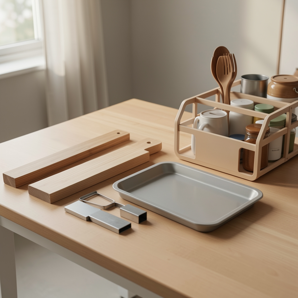 Muestras de madera, metal y plástico junto a una bandeja y un organizador de cocina sobre una mesa vacía