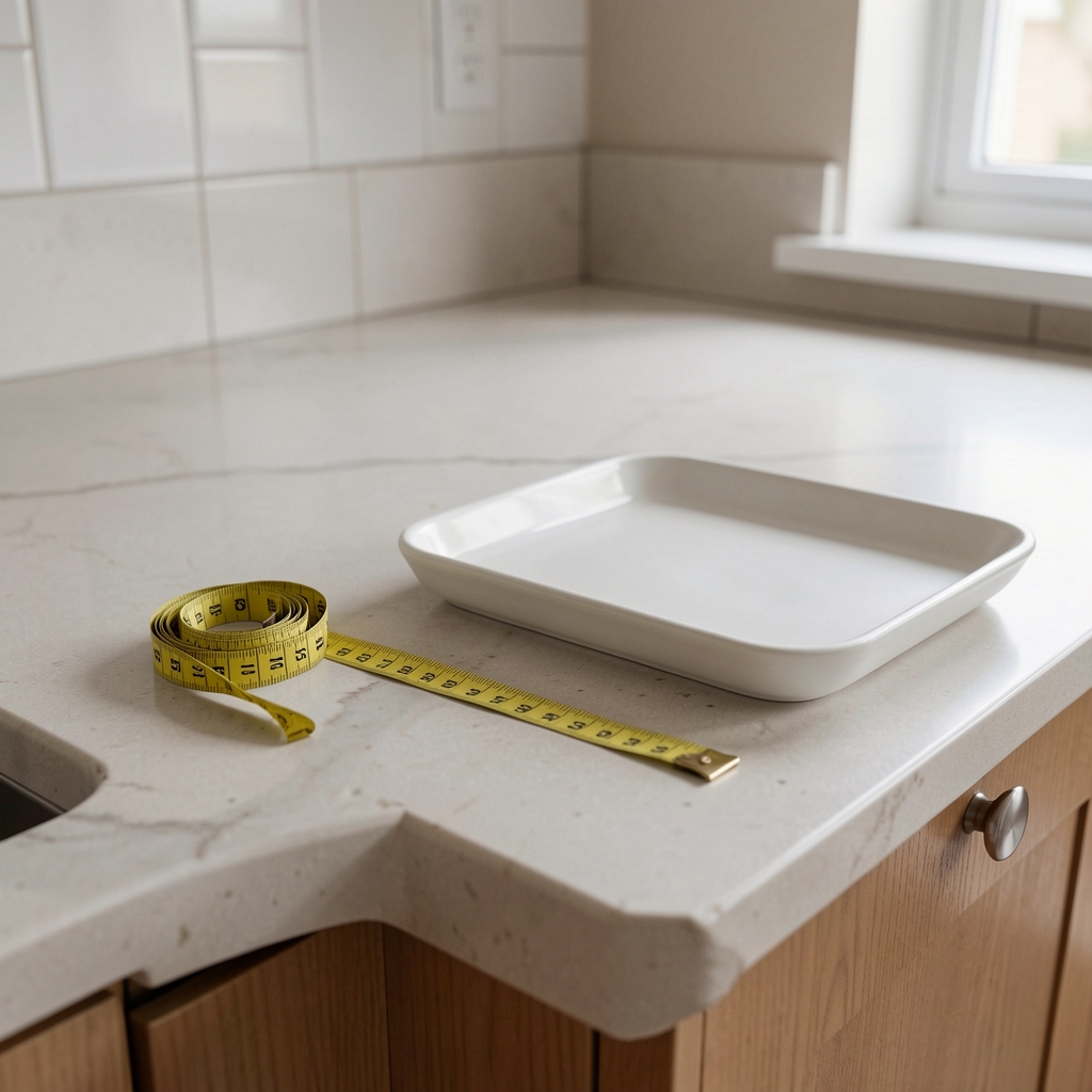 Cinta métrica junto a una bandeja rectangular en una encimera de cocina vacía