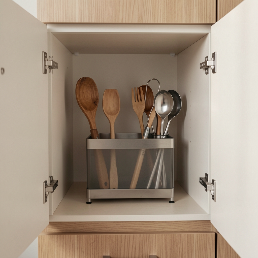 Organizador de utensilios colocado en un compartimento de cocina con espacio libre alrededor y sin personas