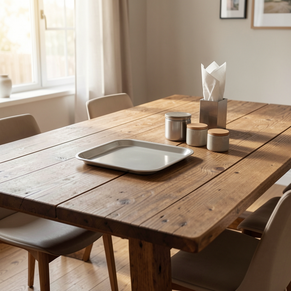 Mesa de comedor vacía con bandeja, servilletero y recipientes auxiliares distribuidos de forma ordenada