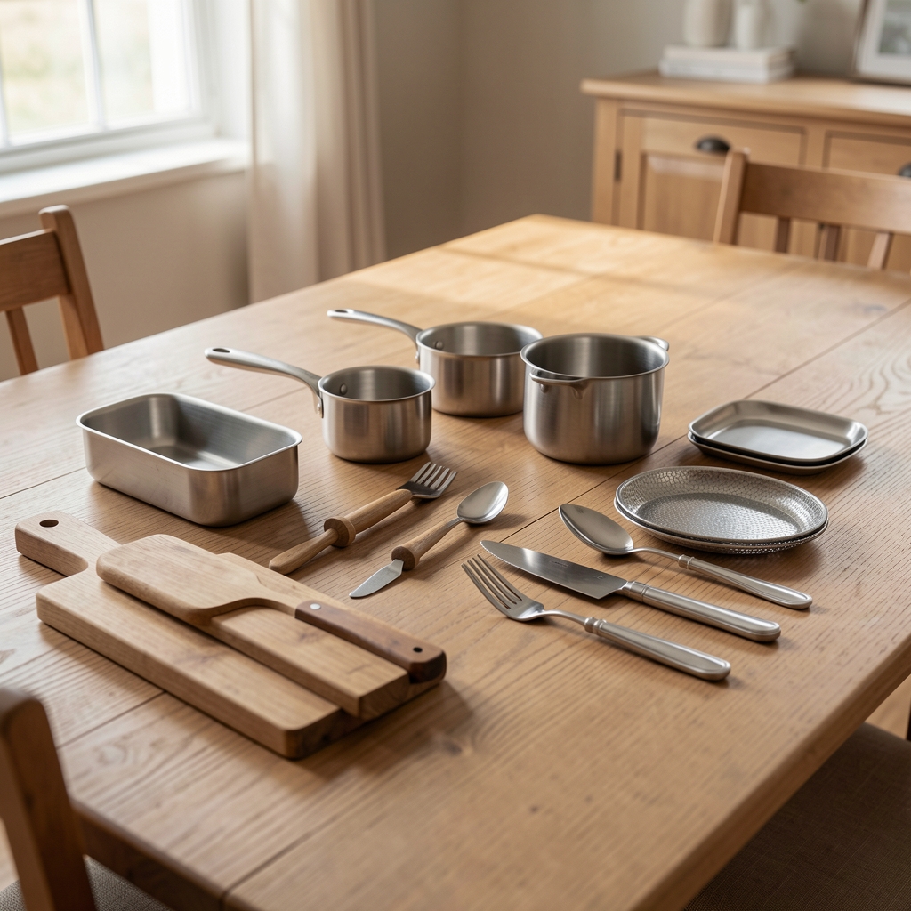 Accesorios de servicio de metal y madera ordenados sobre una mesa de comedor vacía sin personas
