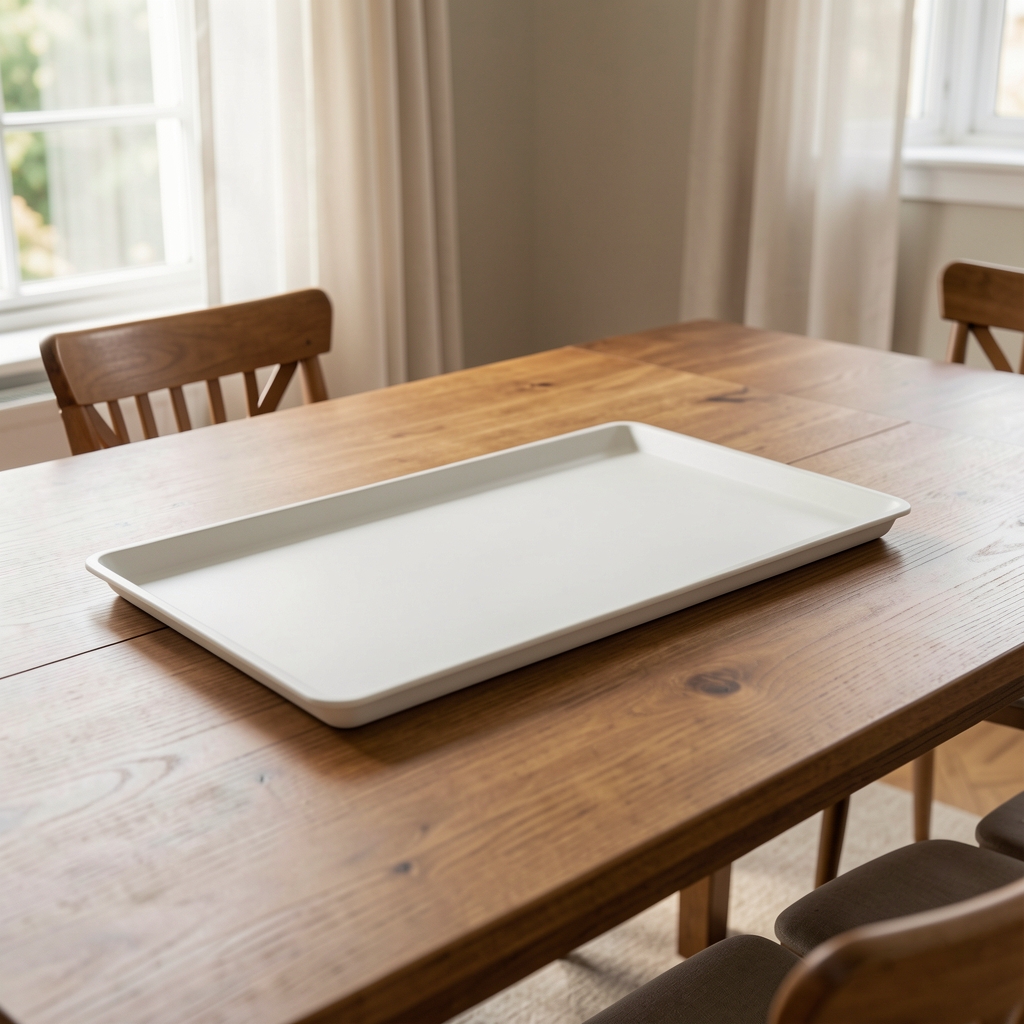 Bandeja rectangular de superficie lisa para servir en una mesa de comedor vacía