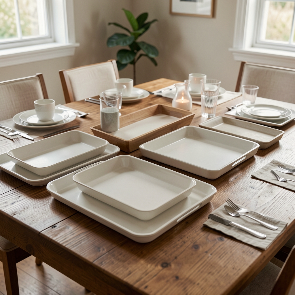 Bandejas de distintos formatos colocadas sobre una mesa de comedor sin personas