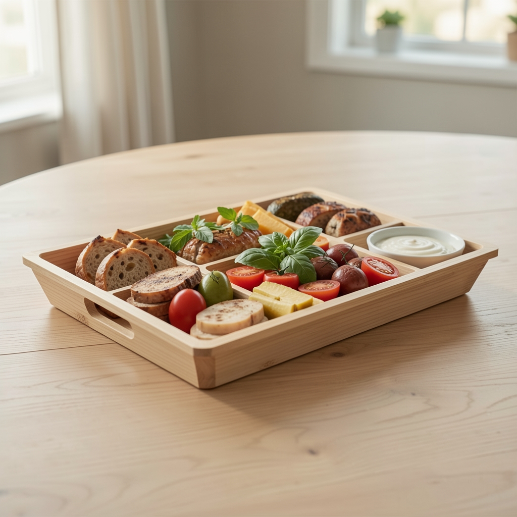 Bandeja rectangular de madera clara para servir alimentos sobre una mesa vacía