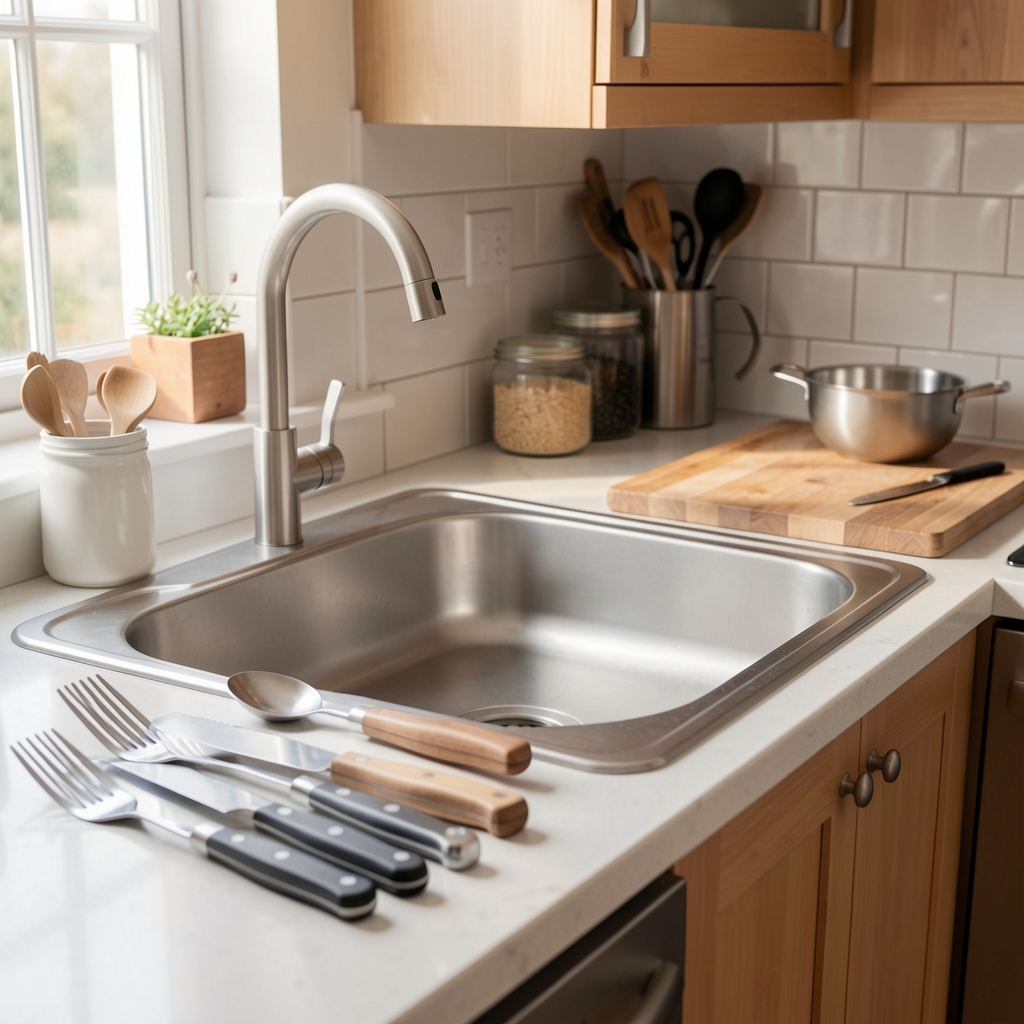 Encimera de cocina vacía con utensilios organizados cerca de una zona de preparación