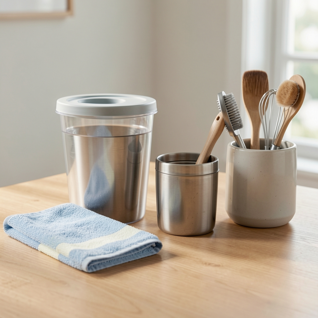 Paño de limpieza junto a recipientes y accesorios de mesa sin personas