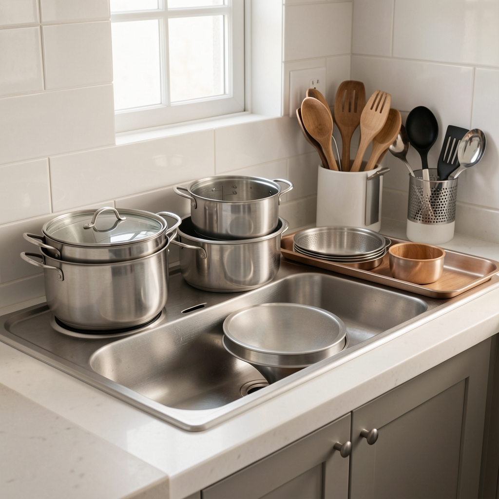 Encimera de cocina vacía con recipientes auxiliares, soporte de utensilios y bandeja de servicio organizados por zonas