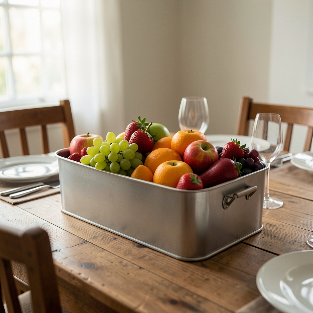 Frutero metálico vacío con frutas dispuestas sobre una mesa de comedor sin personas