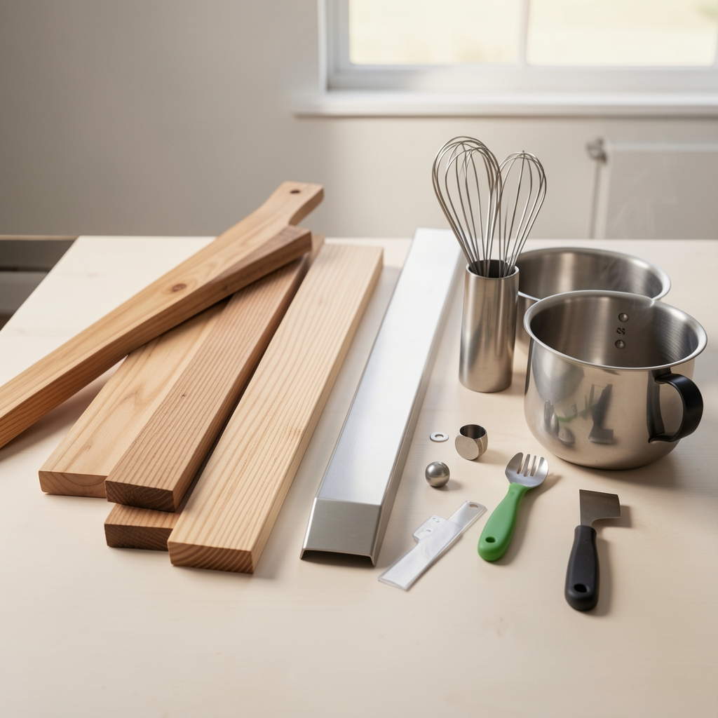 Muestras de madera, metal y plástico junto a accesorios de cocina sin personas