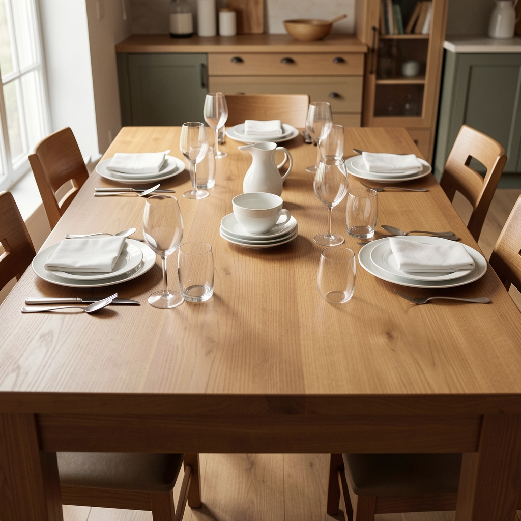 Mesa de comedor vacía con accesorios de servicio distribuidos de forma equilibrada