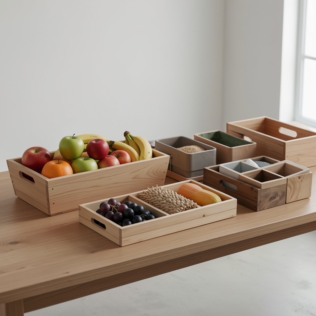Detalle de bandejas, fruteros y organizadores de distintos materiales en un espacio vacío