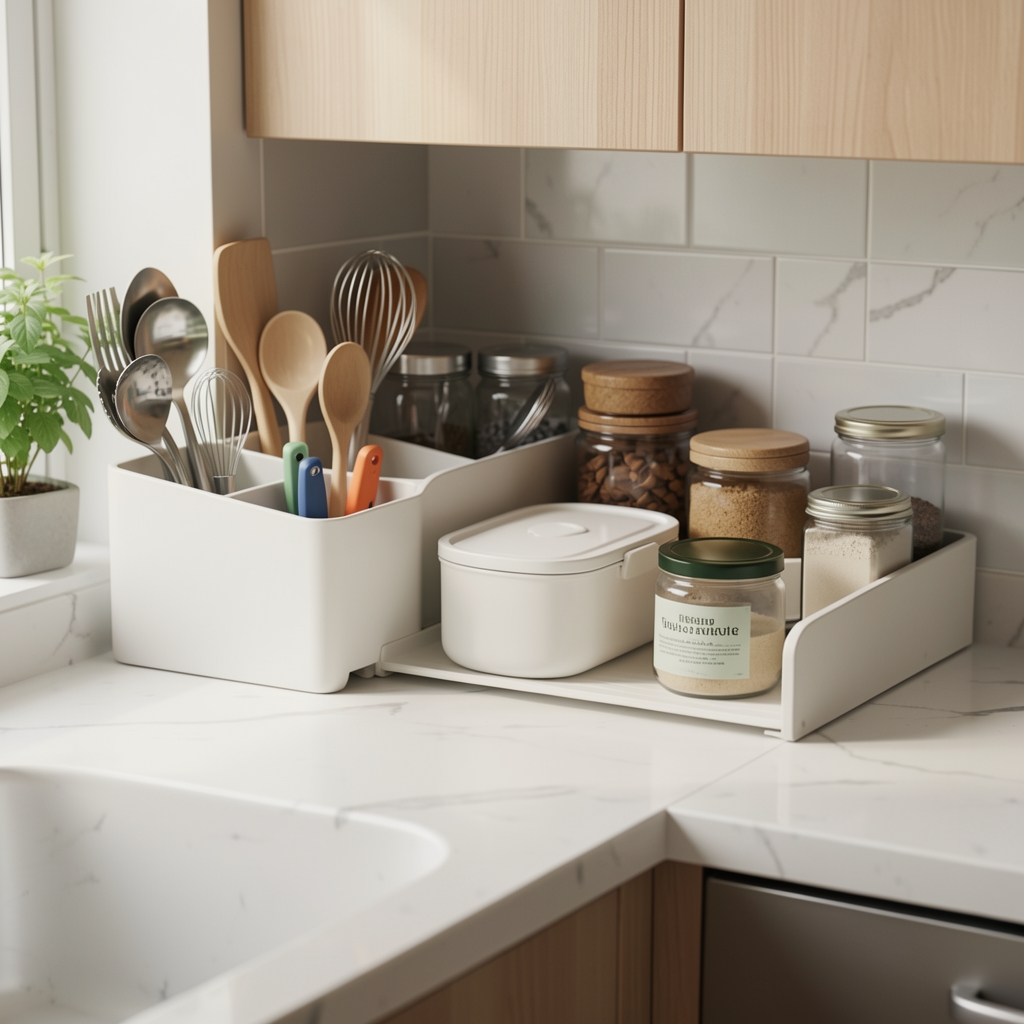 Organizador de utensilios de cocina con compartimentos junto a una encimera ordenada