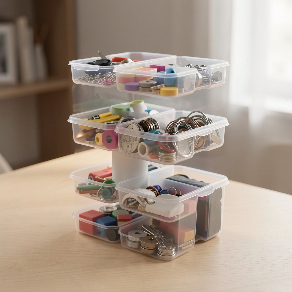 Recipientes auxiliares apilables para organizar pequeños accesorios de mesa