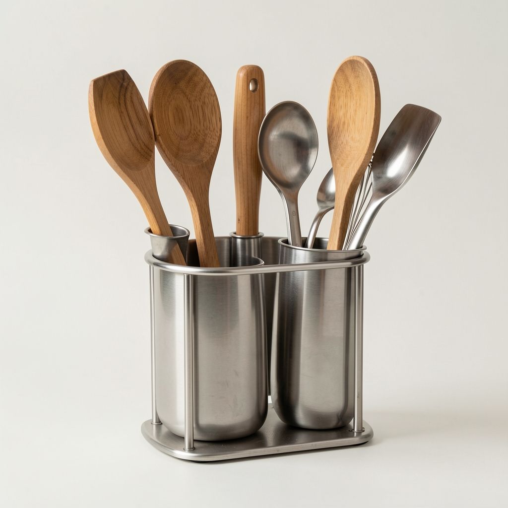 Soporte metálico de sobremesa para utensilios de cocina sobre fondo claro
